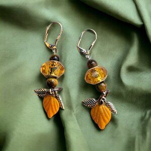 Czech Rondelle Crystal with Tigereye Accents and Leaf Charms